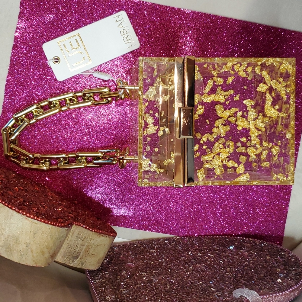 🎉HP🎉Urban Expressions 💜NWT💜 Acrylic Gold Foil Box Bag & Gold Chain Handle! - Picture 10 of 15